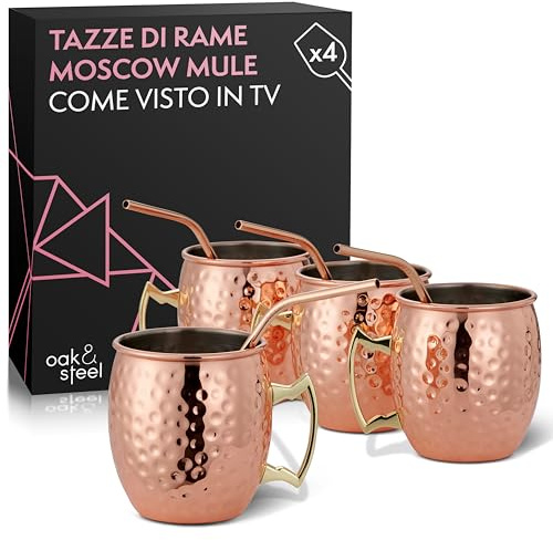 Oak & Steel - 4 Set Premium Moscow Mule Becher Geschenkset - 4 Kupferbecher (550ml), 4 Metallstrohhalme & 1 Reinigungsbürste - Cocktail & Kalte Getränke - Unzerbrechlich