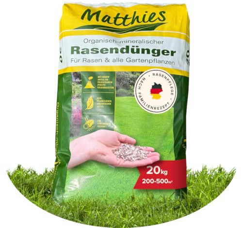 Matthies Rasen Volldünger 20kg für 200-500 m², Langzeit Gartendünger für Frühjahr, Sommer & Herbst, organischer & mineralischer Dünger mit Stickstoff, Phosphor & Kalium, Langzeitdünger