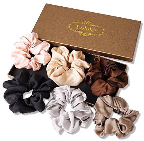 (6 Stück) Lolalet Haargummis Seide Scrunchies Satin für Damen, Haargummi Weich Elastisch Silk Skrunschis Groß für Damen Frauen Mädchen 6 Farben -Schwarz,Braun,Grau,Champagner,Hellpink,Silber