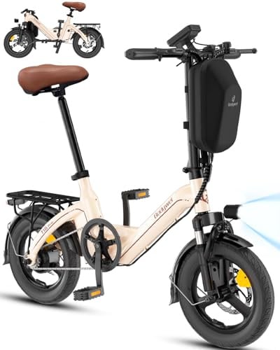 Bodywel T16PRO Mini E Bike 14 Zoll faltbar Elektrofahrrad 250W 36V/10AH Akku mit APP Funk für Herren Damen,Reichweite Max 45 km (Mandel+Rückpacktrager)