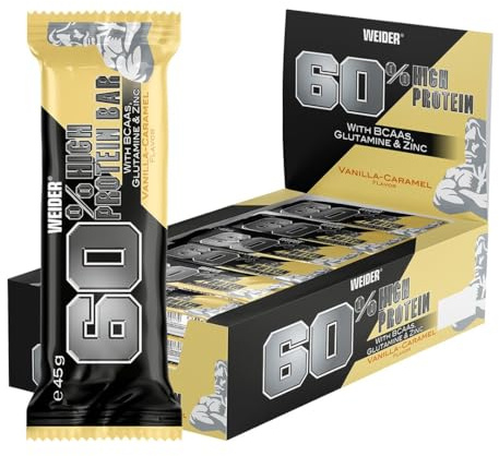 Weider 60% Proteinriegel - Hochproteinhaltiger Riegel mit 27g Protein, wenig Zucker, BCAAs & Zink - Ideal für Muskelwachstum - 24er Pack - Vanilla-Caramel