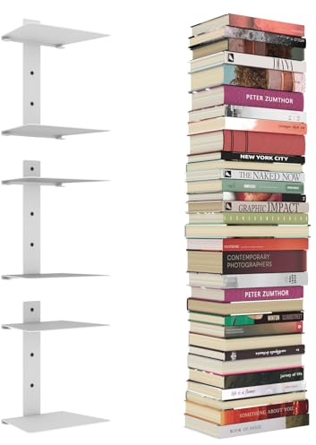 Mefirt Unsichtbare Bücherregale, 6 Stöckiger Vertikaler Bücherturm, Schwebendes Bücherregal für die Wand, Verstecktes Bücherregal aus Metall für das Schlafzimmer, Dekoration im Heimbüro, 3er Set, Weiß