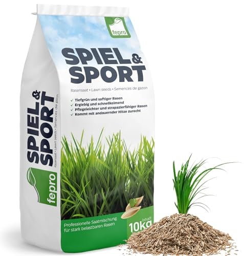 10kg Rasensamen Sport und Spiel schnellkeimend 400m², robust, tiefgrün, ideal für Neuansaat und Nachsaat, Rasensaat Grassamen Frühjahr