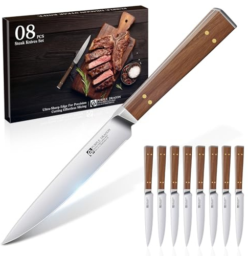 Purple Dragon Steakmesser Set 8 teilig - Steakmesser Glattschliff mit Ergonomischem Holzgriff, Hochwertige Edelstahl Küchen Steakbesteck, Geschenk für Umzug, Geburtstag, Neujahrs
