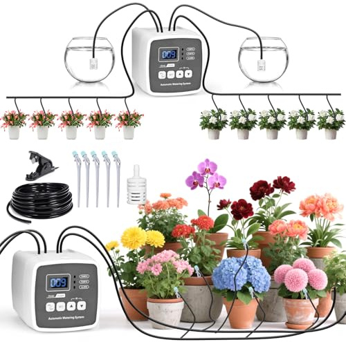 Ambesty Automatisches Bewässerungssystem Indoor für Garten Pflanzen mit Doppelte Pumpe Unabhängige Kontrolle, DIY Tropfbewässerungsset mit Einstellbar, Bewässerung Zimmerpflanzen für Balkon