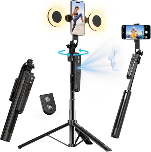 yAyusi 360° Drehung Auto Face Tracking Stativ mit Licht, Keine App, 180cm Telefonstativständer mit Bewegungssensor, Gesichtskörper Handy Selfie Stick für Vlog/Live-Stream/Videoaufzeichnung