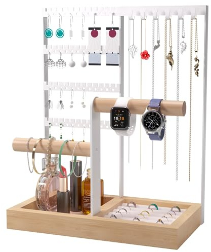 Benxdara Schmuckständer, 4 Tier Schmuckhalter Kettenständer mit Halsketten Aufbewahrung & Ohrringhalter, Schmuckbaum Ketten Halterung Schmuck Ständer für Ketten Ohrringen Armbändern Ringen, Weiß