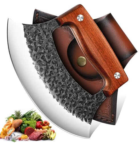 TIVOLI Handgeschmiedetes Ulu-Messer – Vollschneide aus Hochwertigem Kohlenstoffstahl, mit Schutzhülle & Geschenkbox, Mezzaluna-Gemüsehacker & Pizzaschneider für Küche, Camping & BBQ