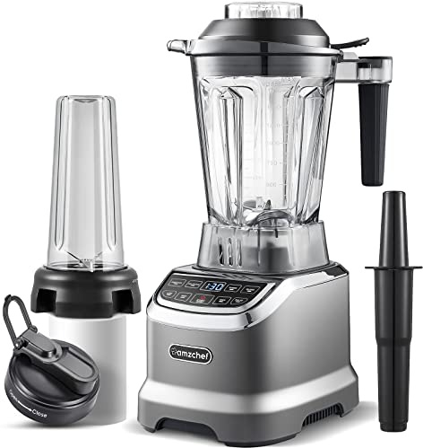 AMZCHEF 2 IN1 Mixer Hochleistungsmixer mit 1850-ml- und 600-ml-Behälter für Zwei Mixmodi | Standmixer 1800 Watt mit stößel und 6 Profi Klingen 22000 Umdrehungen - Mattes Grau