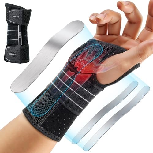 Rakiie Handgelenkstütze, Verstellbare handgelenk bandagen mit 3 Metallschienen, handgelenkbandage für Männer und Frauen, kein Druck auf den Daumen, Schienenstabilisator, Grau, Rechte Hand, L