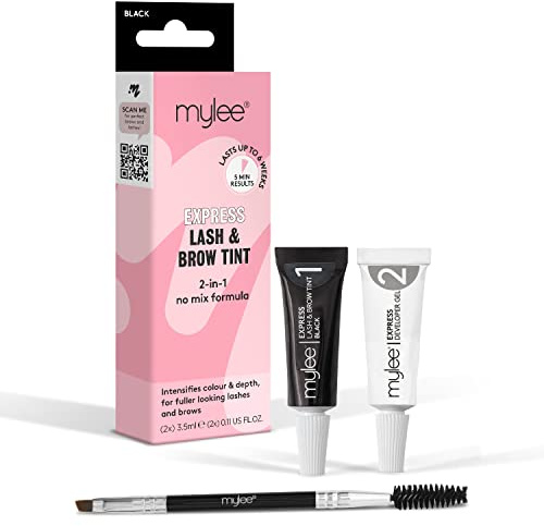 Mylee Express Wimpern & Augenbrauen-Kit – 2-in-1-No-Mix-Formel, Tönung + Developer-Gel + Doppelseitiger Pinsel, Professionelle Wimpern- und Augenbrauenfarbe, Langlebig, Semi-permanent (Schwarz)