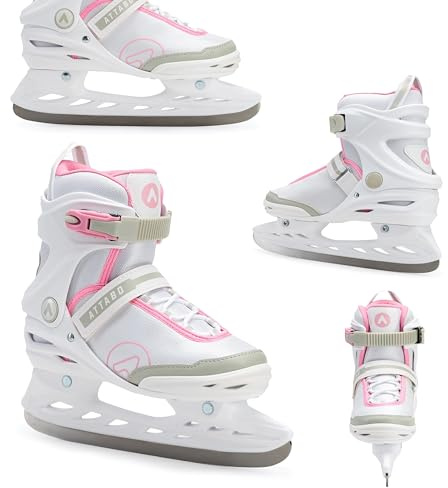 ATTABO Freizeit Schlittschuhe Damen TORA Weiß Größe 39 EU Anfänger Schlittschuhe Schnalle und Klettverschluss Starker Knöchelschutz Langlebige Edelstahlkufe Elegant und Klassisch