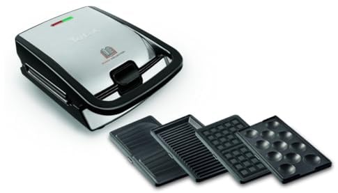 Tefal Snack Collection 4-er Set SW854D, Kombigerät, Inklusive 4 antihaftbeschichter Plattensets, Spülmaschinengeeignet, Panini, Waffeln, Sandwich, süße Küchlein, 700W,Schwarz/Edelstahl