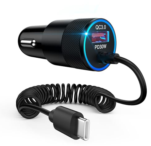 Zigarettenanzünder USB C ,48W Kfz Ladekabel USB C ,12V USB Adapter Auto Ladegerät mit 1.2M Spiralkabel für Samsung Galaxy S25 Ultra/S24 FE/S23/S22/S21/A17/A16/A56/A55/A54/A36,iPhone 17/16/15