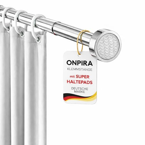 Onpira® Duschvorhangstange Edelstahl ohne Bohren 95-150cm | Rostfreie Duschvorhangstange & Gardinenstange zum Klemmen 5 Längen 3 Farben: Schwarz, Weiß & Edelstahl Starker Halt bis 12 kg