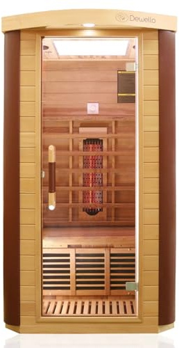 Dewello® Infrarotkabine Infrarotsauna Toronto 102x102 für 1 Person aus Hemlock & Zedernholz mit stufenlos regelbaren Vollspektrumstrahlern, Bodenstrahler, LED-Farblicht, Bluetooth, FM,MP3,USB