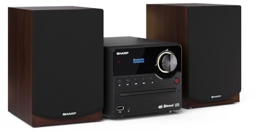 SHARP XL-B517D(BR) Mikro Hi-Fi Soundsystem Stereo mit DAB Radio, DAB+, FM, Bluetooth, CD-MP3, USB-Wiedergabe, Lautsprecher aus Holz, 45 Watt – Braun
