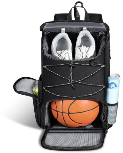 MoKo Basketball-Tasche, Basketball-Rucksack mit Atmungsaktiver Schuhtasche, Basketballstaschen Rucksack mit Mehreren Taschen, verstecktem Zaunhaken & Ladeanschluss für Ballsport-Liebhaber, Schwarz