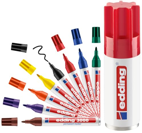 edding 3000 Permanentmarker - Stifte-Dose (Metall) - 8 Farben-Set - Etui | Rund-Spitze 1,5-3 mm - schnell trocknender Permanent Marker - wasserfest, wischfest - für Karton, Kunststoff, Holz, Metall