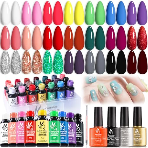 Lavender Violets UV-Gel-Nagellack Blooming Gel Set,21 stück Weiß Rosa Schwarz Blau Rot Grün Splitter Glitzernd mit Base & Matte-Glänzende Top Coat Shellac Nägel Maniküre C997