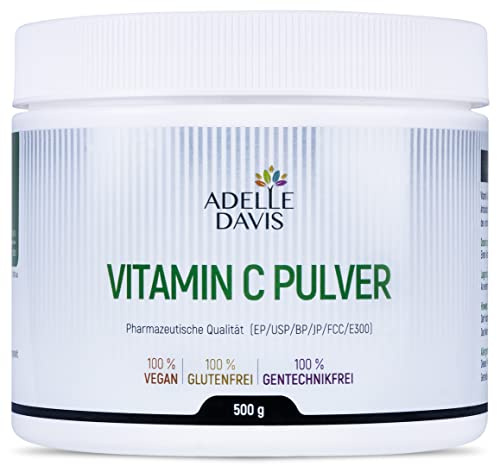 Adelle Davis® Vitamin C Pulver 500 g — Reine Ascorbinsäure Hochdosiert 1000 mg — Pharmazeutische Qualität — L-Ascorbinsäure Großpackung — Vegan, Glutenfrei — Hergestellt in EU