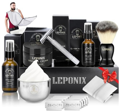 Nassrasierer Herren, Bartpflege Set für Männer inkl Safety Razor, Rasierpinsel,Rasiercreme Männer After Shave Balsam, Pre Shave, Rasierschale,Rasierschürze, Rasierhobel Geschenkset Herren