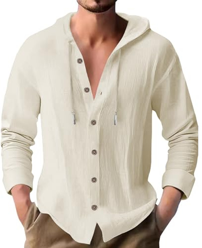 PRIVIMIX Leinenhemd Herren Hemd Langarm Baumwolle Langarmshirt mit Kapuze Kapuzenhemd Hoodie Freizeithemd Kapuzenshirt für Männer M-3XL