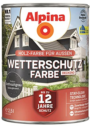 Alpina Holz-Wetterschutz-Farben – Anthtrazitgrau, deckend – bis zu 12 Jahre Schutz vor Witterung und Nässe – schmutzabweisend, deckend & ergiebig – 2,5 Liter