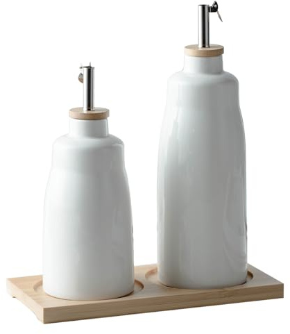 UDQYQ Olivenöl und Essig Spender Set 420ml&280ml Keramik Öl und Essig Flaschen mit Bambus Tablett,2PCS Ölbehälter mit Trichter & Etiketten.