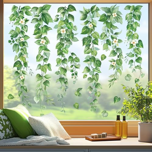 wondever Fenstersticker Hängender Rebe Grün Fenster Aufkleber Pflanzen Blätter Frühling Fensterbilder Fensteraufkleber Anti-Kollision Doppelseitig Glasaufkleber Glas Deko