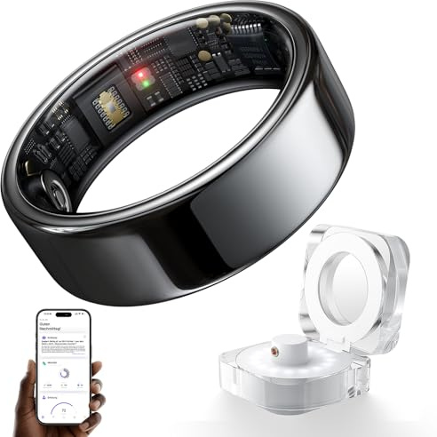 HOU AI Smart Ring für Damen & Herren, Fitness Ring und Gesundheitsring mit 24/7 Schlaftracker, Herzfrequenz, SpO2 & Stress Monitor, 5ATM Wasserdicht, iOS/Android - Keramik Schwarz, US Größe 7