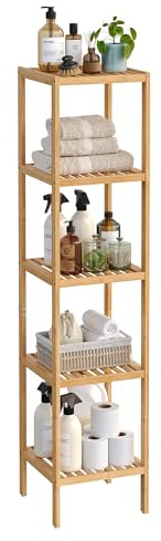 SONGMICS Badezimmerregal, Badregal, Küchenregal, Schuhregal mit 5 Ebenen, Standregal aus Bambus, 33 x 33 x 146 cm, für Bad, Wohnzimmer, Flur, Küche, naturbeige BCB55Y