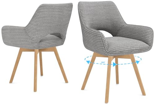 WAFTING Esszimmerstühle 2er Set Drehbar 360°,Armlehnstuhl,Küchenstuhl,Grau | Holzbeine,Buche,Cord Stoff,Küchenstuhl,Wohnzimmerstuhl,Polsterstuhl mit Samt,Restaurant,Schlafzimmer,Esszimmer,Konferenzraum