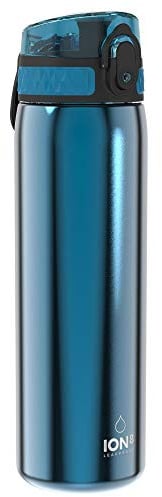 ION8 Leicht Stahl-Trinkflasche, 600 ml, Nicht IsoliertAuslaufsicher, Einhandöffnung, Sichere Verriegelung, Spülmaschinenfest, Klappdeckel, Tragegriff, Leicht zu Reinigen