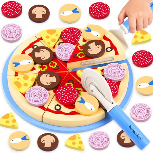Beberolen Kinderküche Zubehör Holz, Pizza Set Holz, Spielküche Holzpizza, Pizza Spielzeug für Kinder Küche, Holzspielzeug Pizza mit Pizzaschneider, Pädagogisches Rollenspiel Lernspielzeug Geschenk