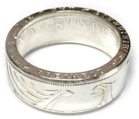 Generisch Münzring aus 5 Mark Silbermünze Silberadler Heiermann, 625er Silber, Größe 52-72, Finish Silber, Inklusive Schmuckbeutel