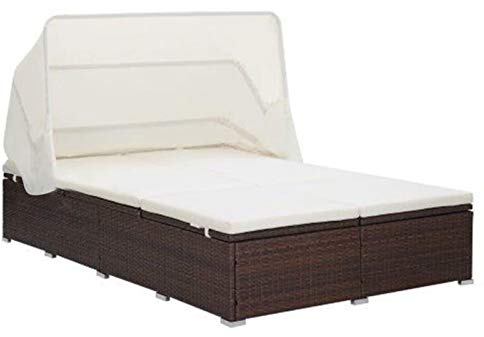 2-Personen-Sonnenliege mit Auflage Poly Rattan Braun bequem verstellbar cremefarbenes Kissen für Pool Balkon Terrasse Campingplatz Freizeit Urlaub