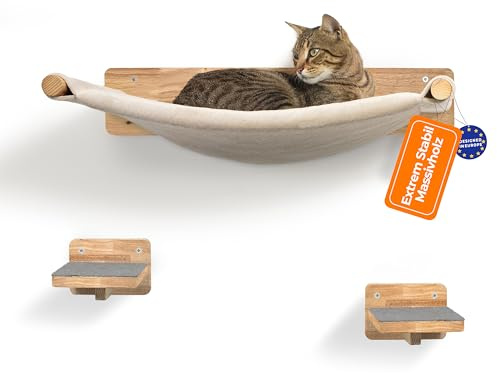 WOOWOOD® Kletterwand Katzen inkl. 2X Katzentreppe Wand [Massivholz] I Kratzbaum Wand I Hängematte Katze I Katzenwand I Wandkratzbaum I Katzenmöbel I Katzen Kletterwand