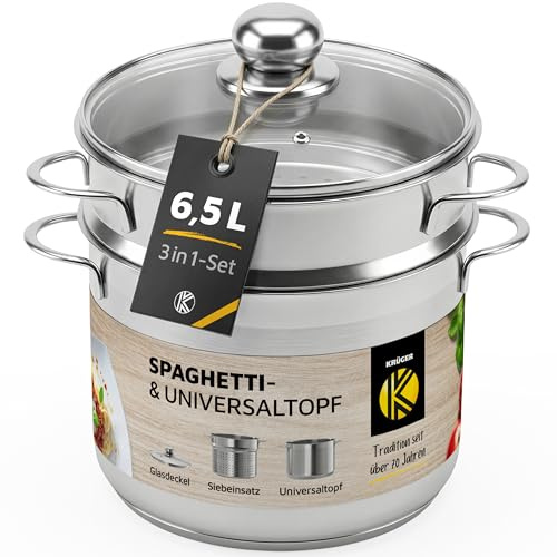 Krüger Edelstahl Spaghettitopf Ø 24 cm | hoher Pasta- & Nudeltopf 6,5 L | Glasdeckel | energiesparender Kapselboden | unbeschichtet & rostfrei | Induktion, Ceran, Elektro, Gas, Halogen