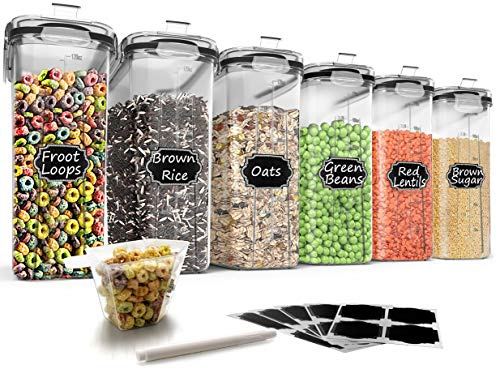 Wildone Müsli-Behälter-Set aus Kunststoff, 6 große (16,9 Tassen, 384 ml), luftdichte Frischhaltedosen – auslaufsicher, BPA-freier Müsli-Spender | Mehl, trockene Lebensmittel mit schwarz Deckel