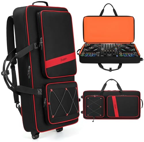 BOSSTIN DJ-Controller-Tasche mit Rädern, kompatibel mit DDJ FLX10 /1000 /FLX6 /REV7 /REV5, Rolling DJ Koffer für Ausrüstung, gepolsterter großer DJ-Rucksack mit Multi-Tasche für Laptop-Zubehör