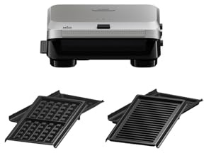 Braun SnackMaker 5 SM5006, Toaster mit Grill- und Waffelplatten, Waffelmaker mit Aluminiumgussplatten, herausnehmbaren Platten und Auffangschale für Spülmaschine, 800 W, Silber