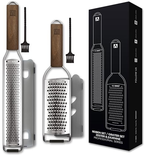 REDSALT® Premium Zester Julienne Edelstahl Reiben Set mit Walnuss Holzgriff | Raspel Küchenreibe Zitronen Ingwer Karotten Käse | Parmesanreibe Ingwerreibe Zitronenreibe Käsereibe | Profi Hobel Küche