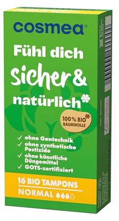 Cosmea Bio Tampons Normal – 4 x 16 Stück | 100% Bio-Baumwolle | Vegan & Dermatologisch getestet | Ohne Kunstfaser & Chemie | OEKO-TEX® & GOTS zertifiziert | Einzelverpackt & umweltfreundlich