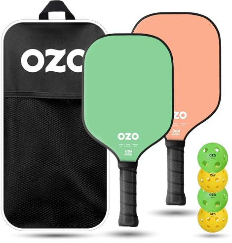 OZO Pickleball - Set mit 4 Schlägern, 4 Bällen und Tasche - Spark Anfänger Hybrid-Schläger + 4 Injektionsbälle (2X Indoor + 2X Outdoor)