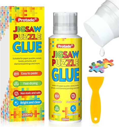 Protado Puzzlekleber Transparent, 200 ml Puzzle Kleber mit Neuem Schwammkopf und Applikator, Schnell Trocknend & Ungiftig, Für 1000/3000/5000 Teile Puzzles aus Papier, Holz & Diamantmalerei