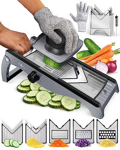 Fullstar 7-in-1 Mandoline Edelstahl Gemüsehobel - Verstellbarer Dünnschneider 1-4 mm - Mandoline mit Julienne-Klinge für Kartoffeln, Obst, Gemüse & Käse - Profi-Küchenhobel & Gurkenhobel