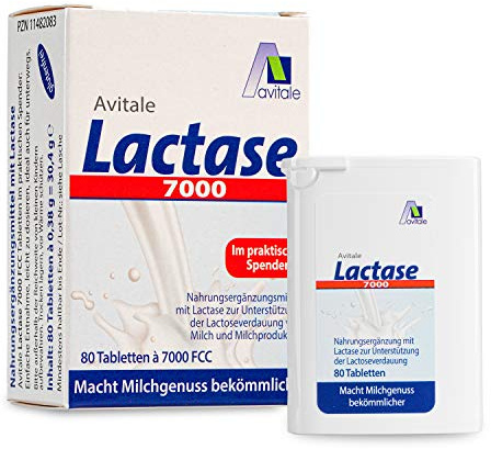 Avitale Lactase 7000 FCC zur Unterstützung der Lactose-Verdauung, 80 Stück | Zur Unterstützung der Lactoseverdauung von Milch und Milchprodukten, 1 Tablette spaltet ca. 11g Lactose