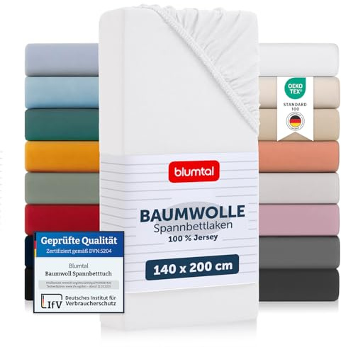 Blumtal® Basics Spannbettlaken 140x200cm Jersey - Bettlaken aus 100% Baumwolle - Oeko-TEX zertifiziertes Spannbettlaken 140x200 - Weiß