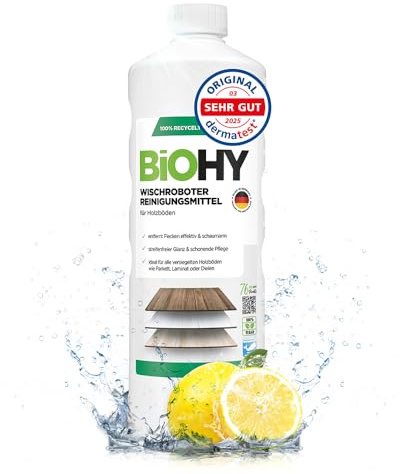 BiOHY Wischroboter Reinigungsmittel für Holzböden (1l Flasche) | Bodenreiniger Konzentrat | Laminat & Parkettpflege | Bodenreiniger Mittel mit streifenfreiem Glanz | Schaumarm